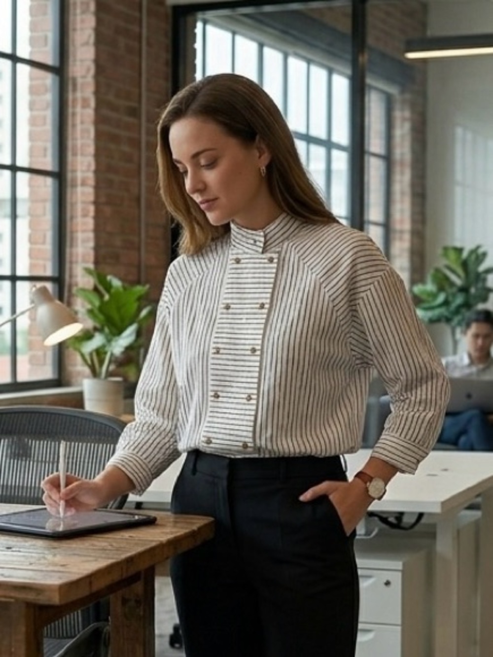 Striped Button-Front Blouse in White and Black